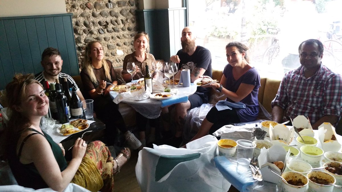 pascerebrighton's tweet photo. The team tucking into dinner after a hard days work courtesy of the wonderful @chefkanthi @curryleafcaff https://t.co/NuQLa8Zt3k