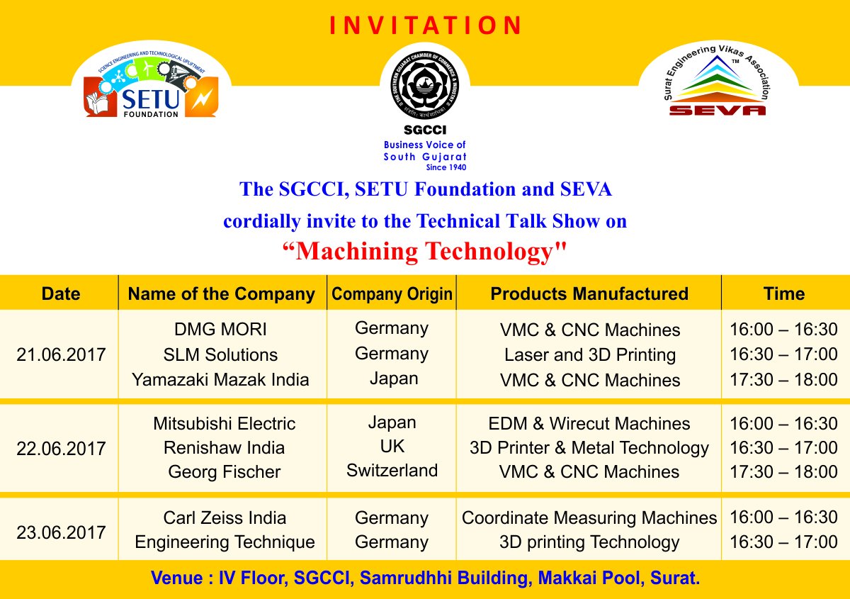 SGCCI_Surat's tweet photo. #TechnicalTalkShow on #MachiningTechnology
21To 23 June @ 4pm @ Chamber
Registration on https://t.co/Vsy7DBRRRU https://t.co/sjWOvneEk3