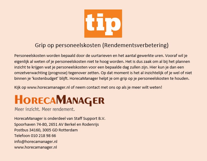 HorecaManager's tweet photo. Goedemorgen! Onze wekelijkse #tip gaat deze keer over grip op je personeelskosten. #HorecaManager helpt je daarbij!  https://t.co/OLrRYy2zsK https://t.co/3sJwfpV4Xt
