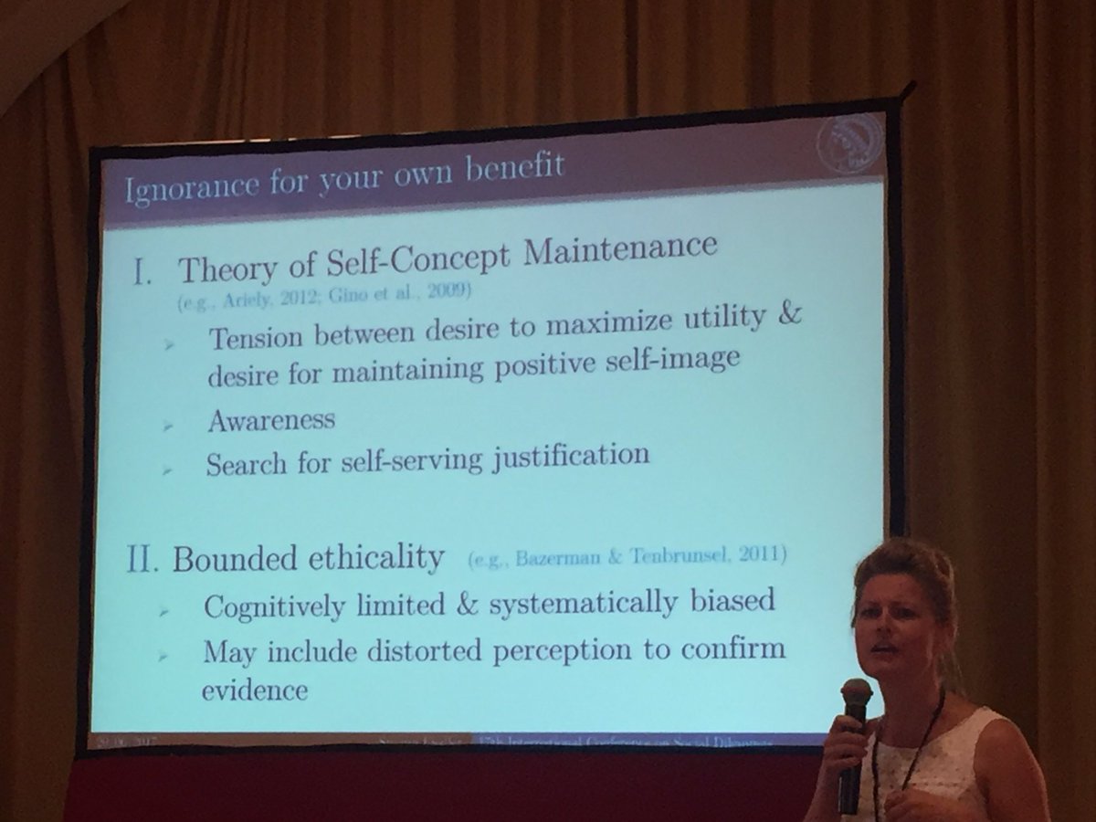 AthenaAktipis's tweet photo. Why do people ignore their own unethical behavior? Fiedler asks is it conscious self image maintenance or bounded rationality? #icsd17 https://t.co/GBnooJ9IMi