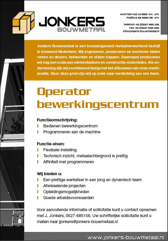 Toe aan een andere uitdaging! Of wilt u omscholen? Wij zijn op zoek naar een operator voor ons bewerkingscentrum ook metaalwerkers. Bel ons!
