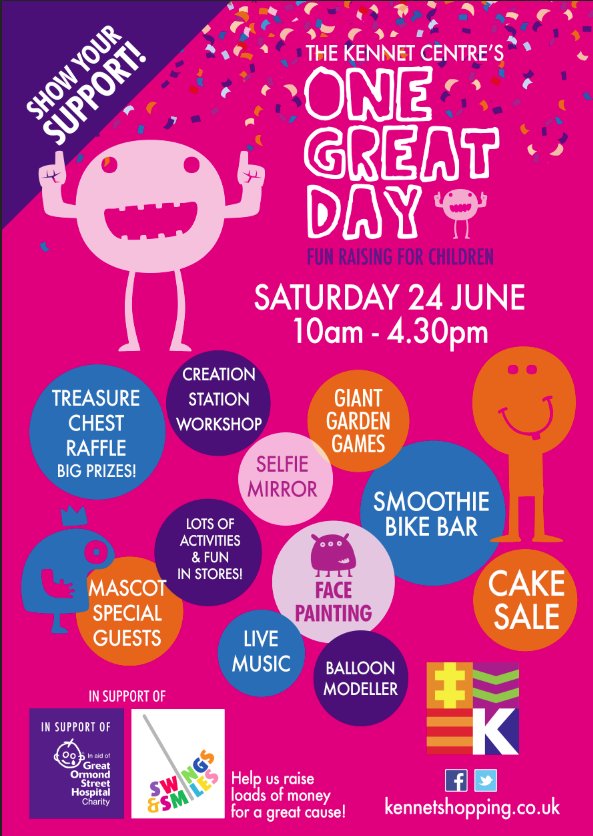 Don't miss #onegreatday1 charity event at the @KennetCentre on the 24 Jun! #fundraisingforchildren #livemusic #creationstation & lots more!