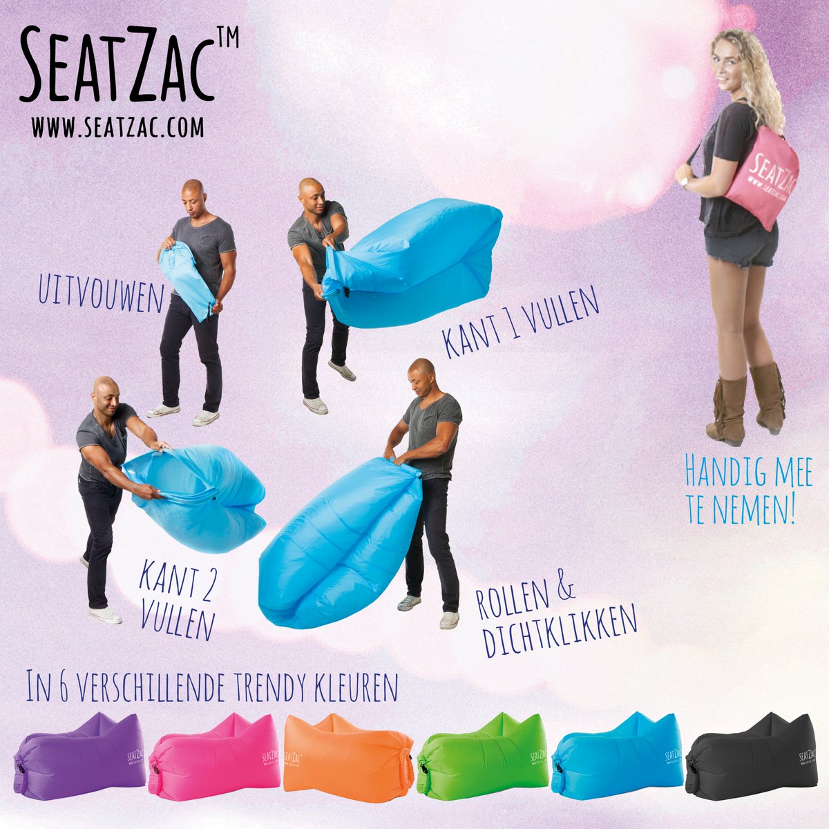Nieuw in ons assortiment: de SeatZac, die je met enkele simpele bewegingen kunt vullen tot een comfortabele zitzak. Staat binnen 1 minuut!