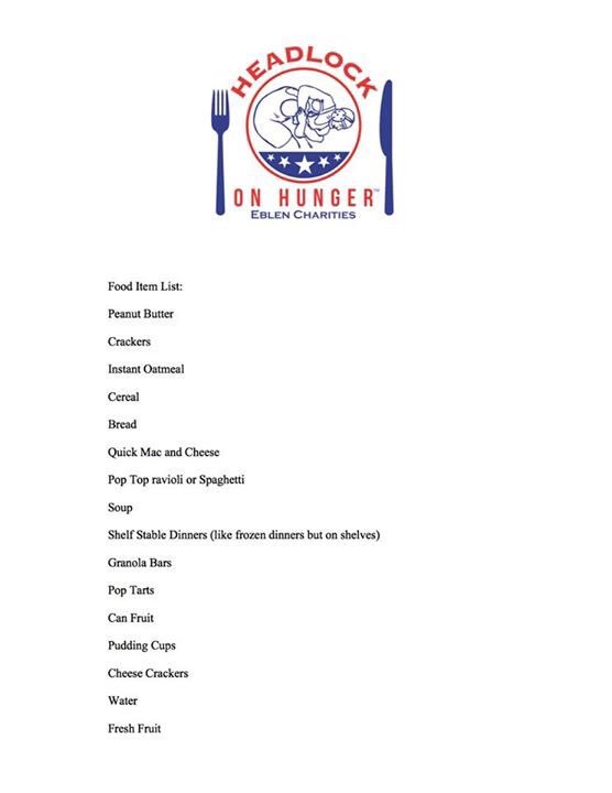 TheBethPhoenix's tweet photo. List of food items we are collecting TOMORROW June 21 at Ingles on Tunnel Rd to combat childhood hunger! Please join us! #HeadlockOnHunger https://t.co/DvFWMvvHWa