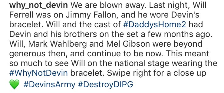 WhyNotDevinDIPG's tweet photo. Blown away! Last night, Will Ferrell was on @FallonTonight, wearing Devin's bracelet 💚#WhyNotDevin https://t.co/o5dafolzWK
