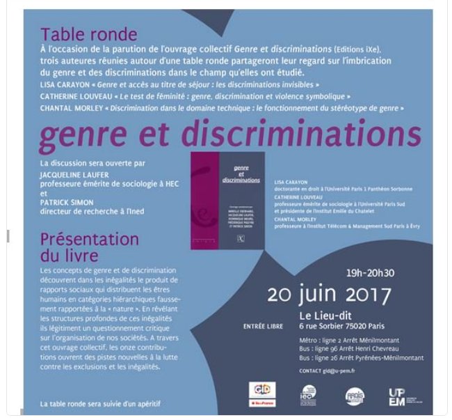 Ce soir table ronde autour de la parution de l’ouvrage "#Genre et #discriminations" au Lieu-dit à Paris ardis-recherche.fr/fr/activites/v… …