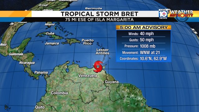Here is the latest on T.S Bret, moving into the Caribbean. Watch Meteorologist Julie Durda for more https://t.co/697nBc9Gfc
