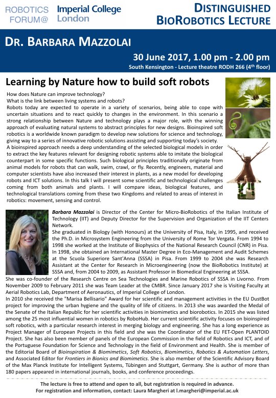 Distinguished BioRobotics Lecture <a href="/imperialcollege/">Imperial College London</a> 
Next June 30: Barbara Mazzolai on “Learning by Nature how to build soft robots" <a href="/LRobN/">LRN</a>