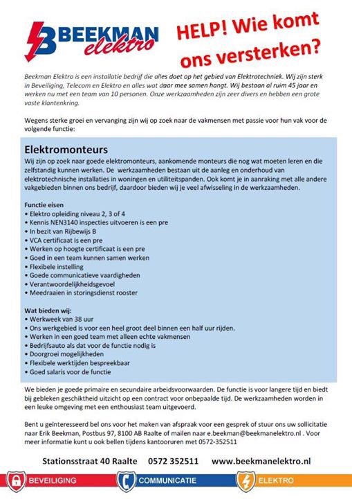 Help ons door het delen van deze personeelsadvertentie! Wij zijn dringend op zoek naar elektromonteurs! Kijk op beekmanelektro.nl/contact/vacatu…