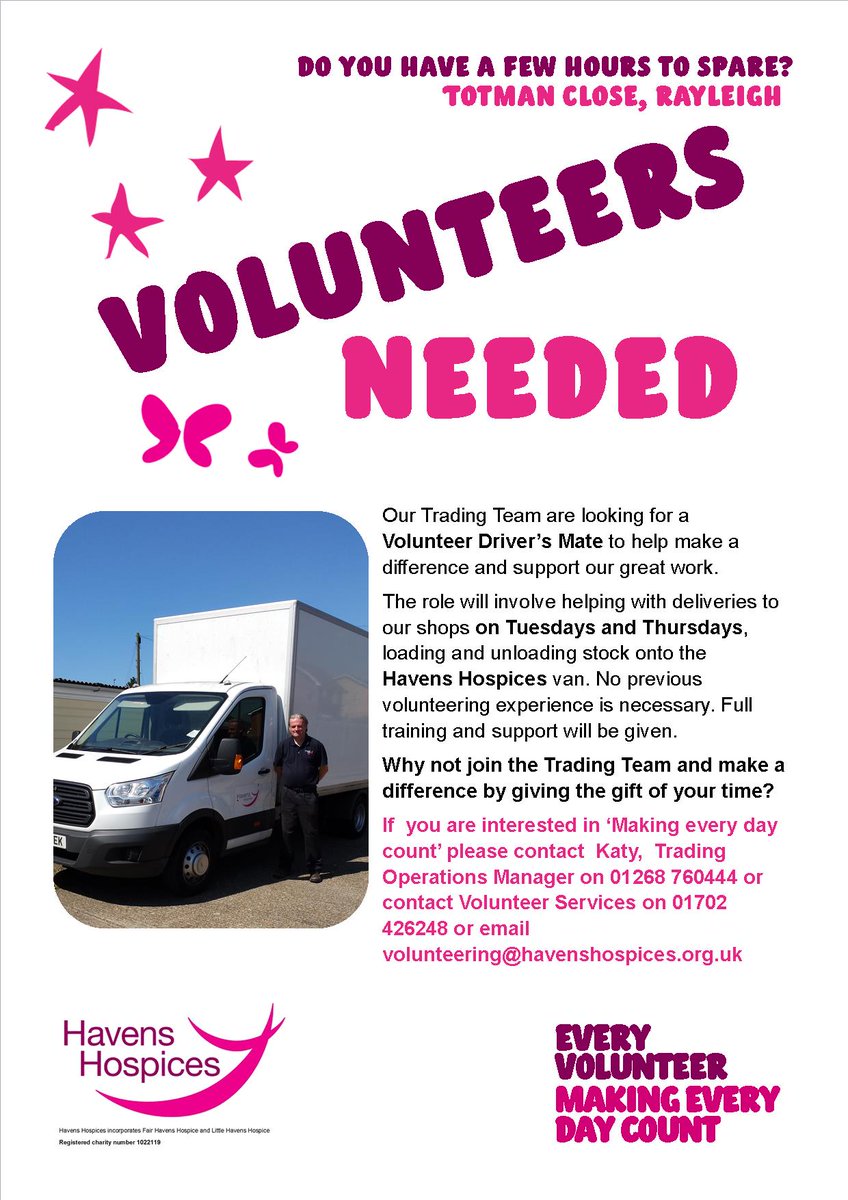 HavensVolunteer's tweet photo. We are looking for #volunteers to assist our @HavensHospices Van Driver deliver stock to our Charity Shops across #Essex #charitytuesday https://t.co/uKcxV4grUL