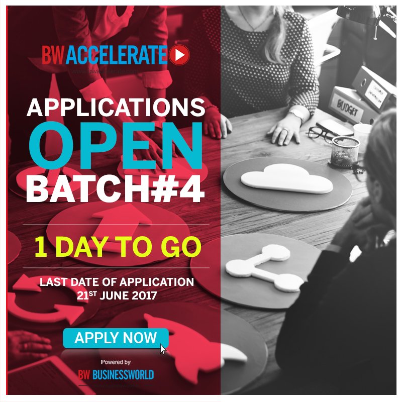 Only 1 day to go!!!! <a href="/BWACCELERATE/">BW Accelerate</a> inviting Applications for Batch #4. Powered by <a href="/BWBusinessworld/">BW Businessworld</a>.
bwaccelerate.com  <a href="/ashusozg/">Ashu Agrawal</a>