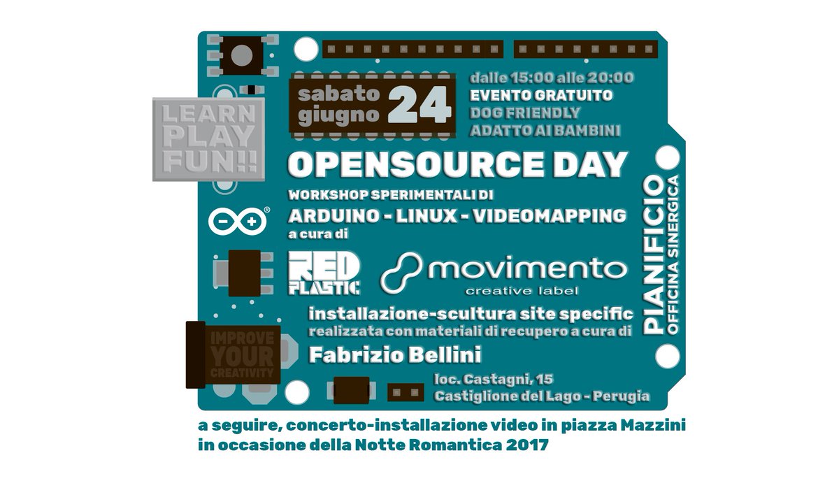 sabato pomeriggio dalle 15 alle 20 OPENSOURCE DAY
<a href="/pianificio/">officina sinergica</a> officina sinergica, workshop di <a href="/Linux/">Linux</a>, <a href="/arduino/">Arduino</a>, videomapping, non mancare!