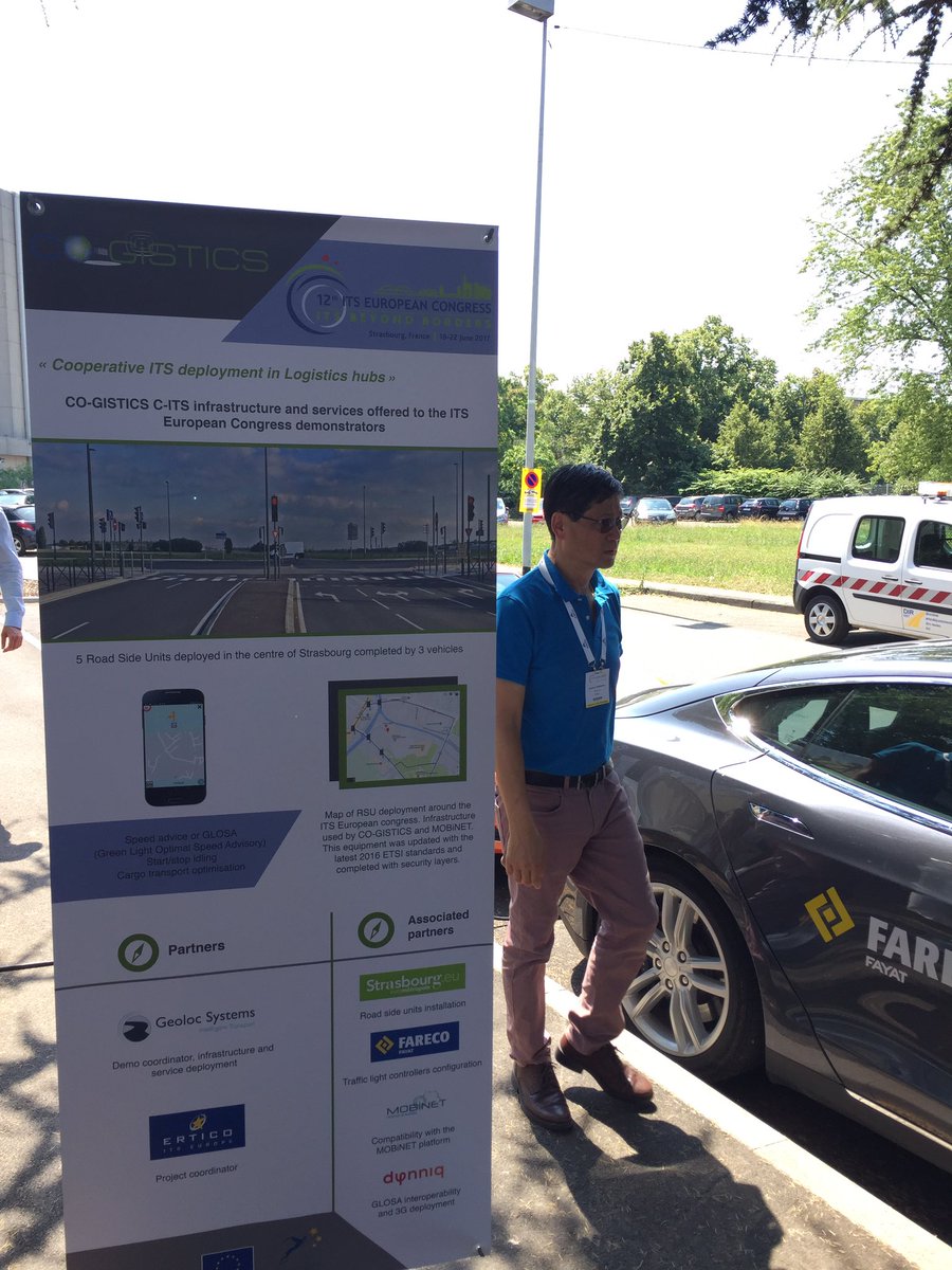 ERTICO's tweet photo. Don't miss the #COGISTICS demo in a #Tesla vehicle showing Speed advice (GLOSA) service #ITSStrasbourg17 @ITS_Congresses https://t.co/aoe4TdPMzN