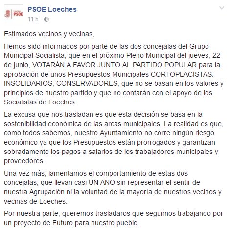 JuntosxLoeches's tweet photo. Las concejalas socialistas de #Loeches aprobarán los Presupuestos 2017 del PP rompiendo disciplina voto. Nacen las nuevas Tamayo y Sáez 🧐👇 https://t.co/HqopnFWXfk