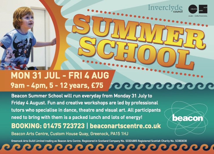 thebeaconarts's tweet image. #FivePlaces left for our #SummerSchool. Go on you know you want to ...
Booking through @thebeaconarts Box Office on 01475 723723.