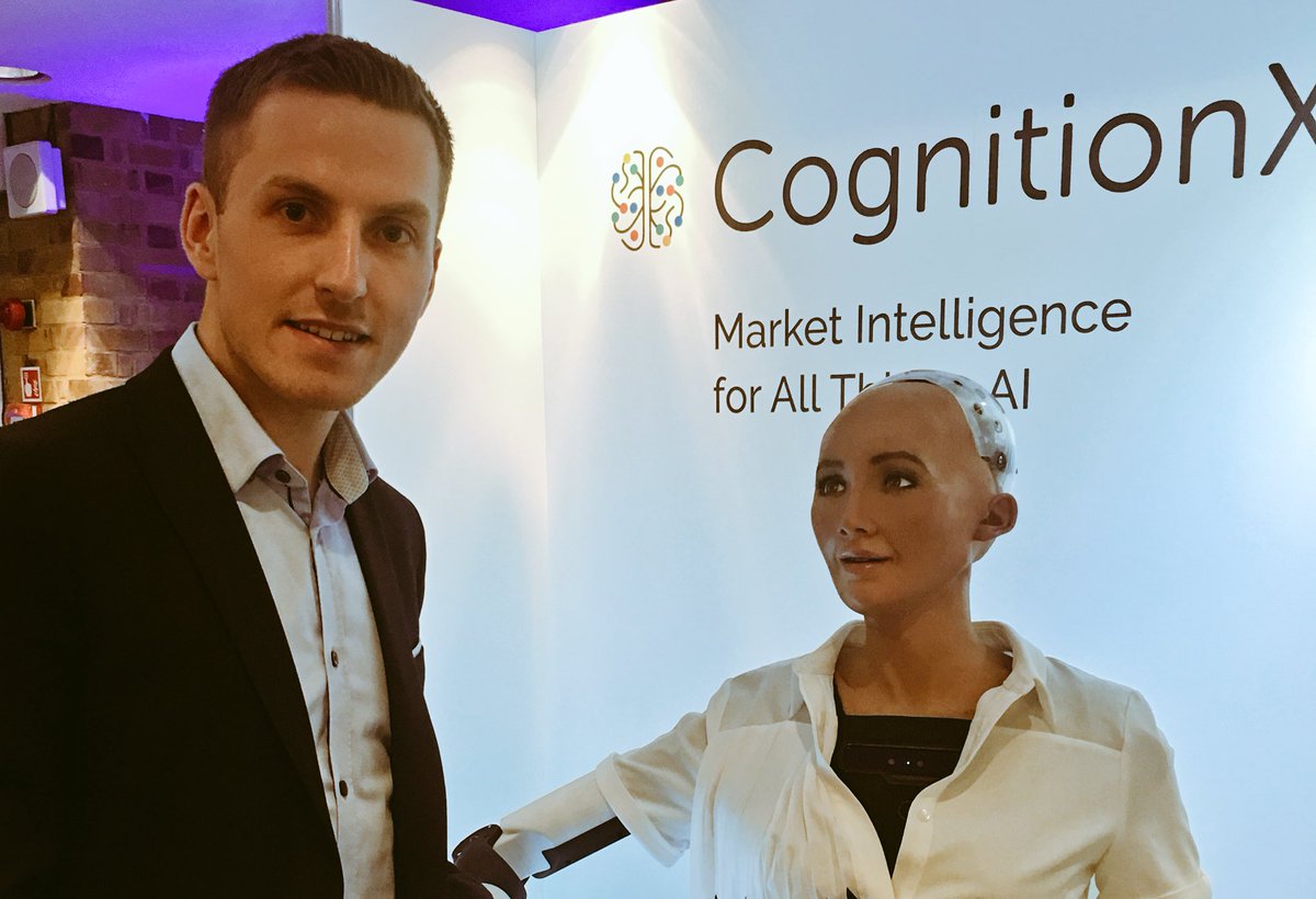 apltownsend's tweet photo. Can't take her eyes off me! Must be a very intelligent being..

In the future will #Sophia show/teach us to be a better race?
#CogX17 #CogX https://t.co/RyqNktBSlo