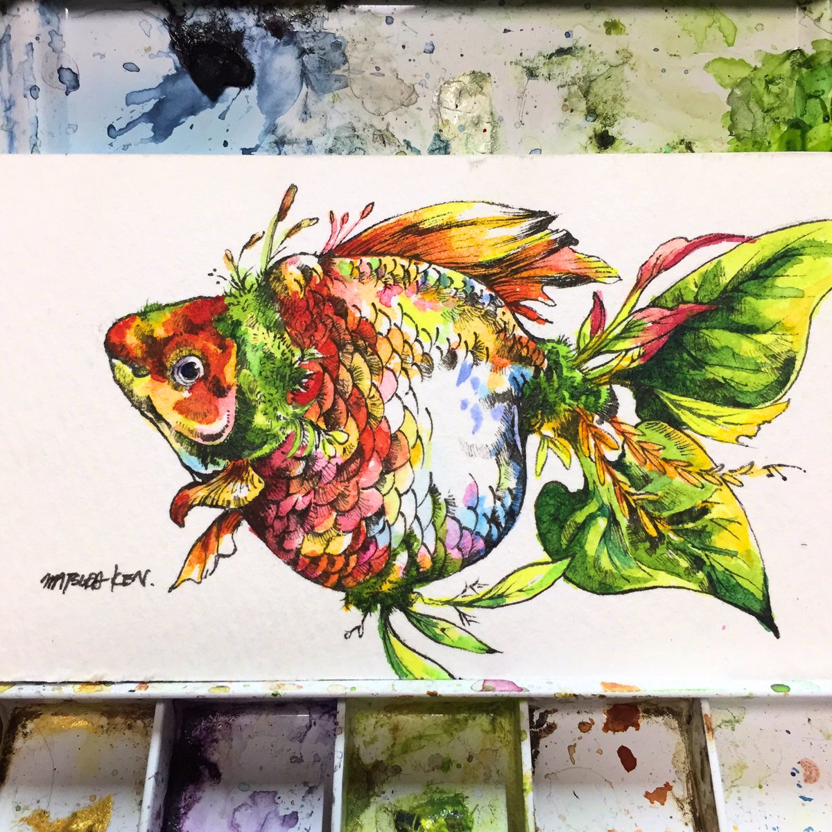 マツダケン　原画(タコ) 夏垂』 P20 H727×W530mm 水彩紙、水彩、ペン #マツダケン #kenmatsuda