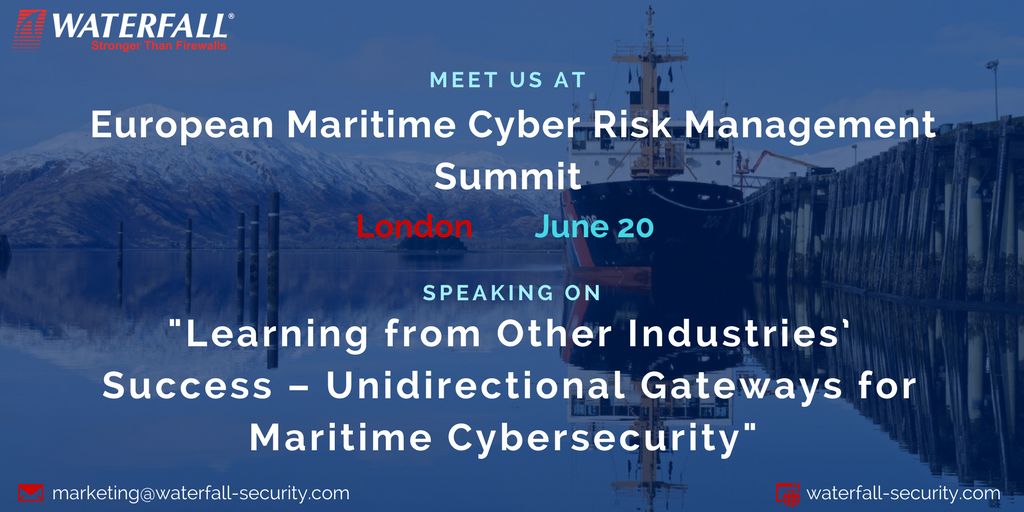 WaterfallSecure's tweet image. What role can #Unidirectional Gateways play in #maritime #cybersecurity? Hear it straight from our CEO today at the Maritime Summit today!