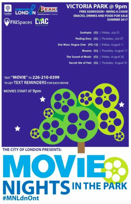 Downtown_London's tweet photo. A fun line-up of films for 2017 Movie Nights in the Park! Free and family friendly in Victoria Park! Movies start at 9pm. https://t.co/bTP9Fr0OME