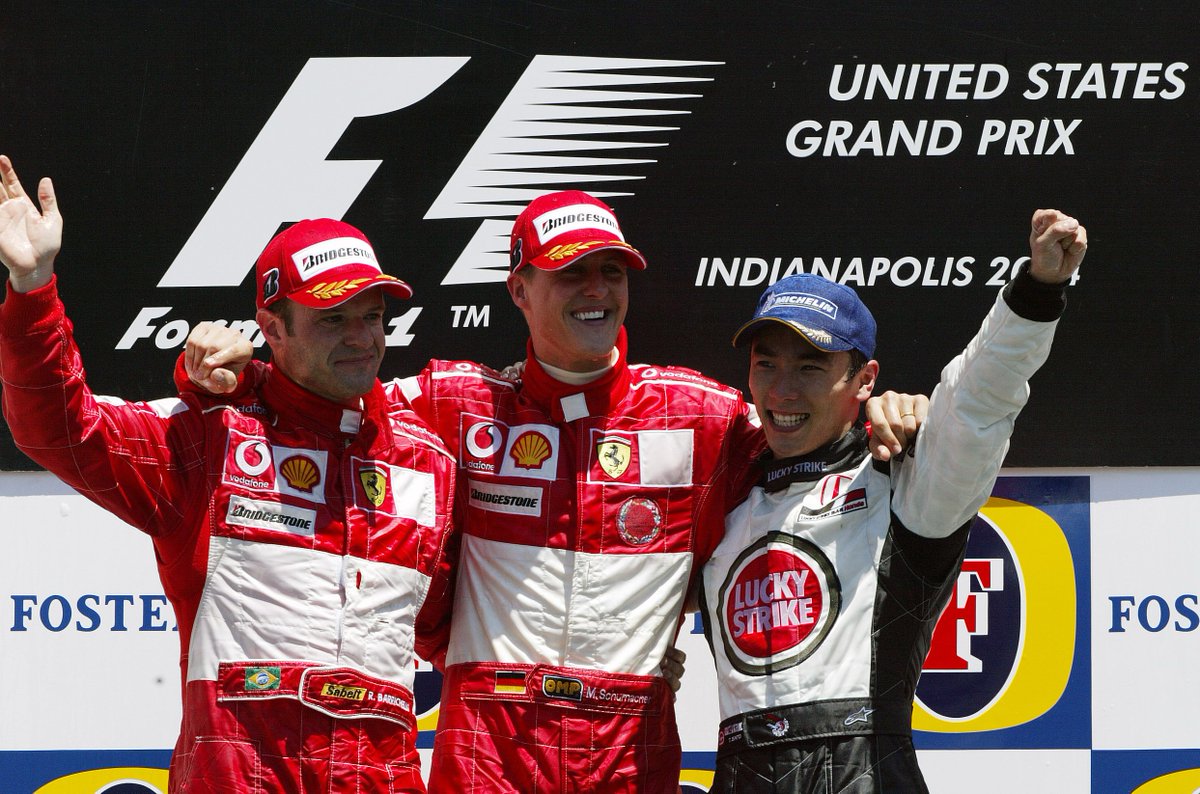 F1's tweet photo. #OnThisDay, @rubarrichello scored his 50th #F1 podium 👏🏻 at the 2004 #USGP 🇺🇸 https://t.co/WcIxCYOXfU