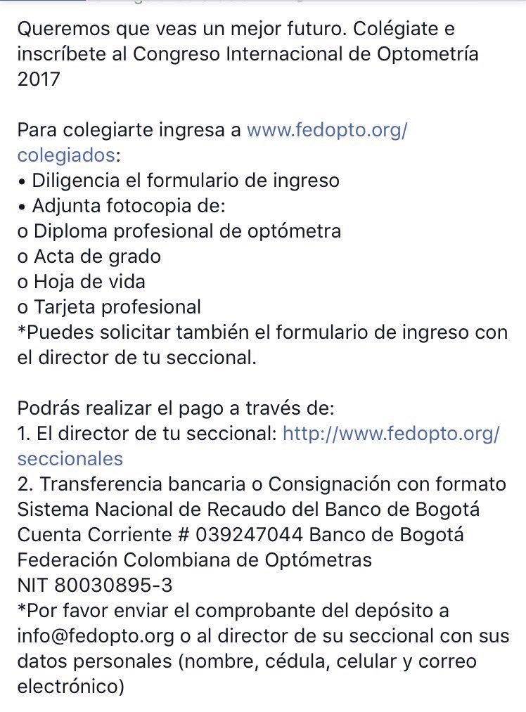 FedoptoBogota's tweet photo. Una gran oportunidad para colegiarse, ir al congreso y disfrutar de todos los privilegios de ser colegiado. https://t.co/r1zrmNYBE7
