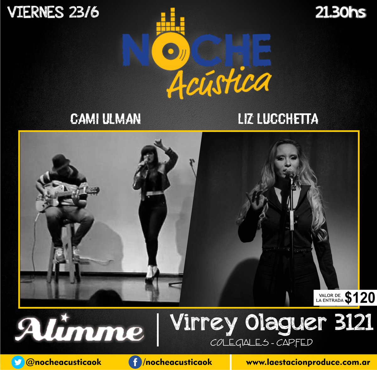 #Agendalo Este viernes tenemos <a href="/NocheAcusticaOk/">Noche Acústica</a> con #CamiUlmuan + <a href="/lizlucchettaok/">Liz Lucchetta</a> en vivo en #Alimme cc @laestacion360 <a href="/PlanetaEnter/">#PlanetaEnter🚀</a> #Venite