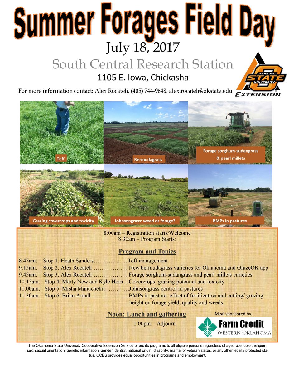 Alex_Rocateli's tweet photo. Mark your calendars! The 2017 Summer #Forages Field Day will be on JULY 18 at Chickasha @OSU_NPK @OSUWeedScience @canolaheath https://t.co/qlEgz40SGt