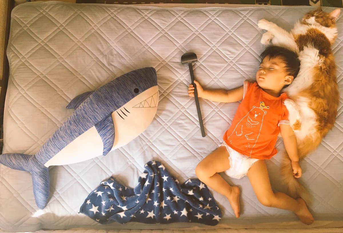 古代壁画発見か！？海の王と戦う子供の寝相アートがかわいい！