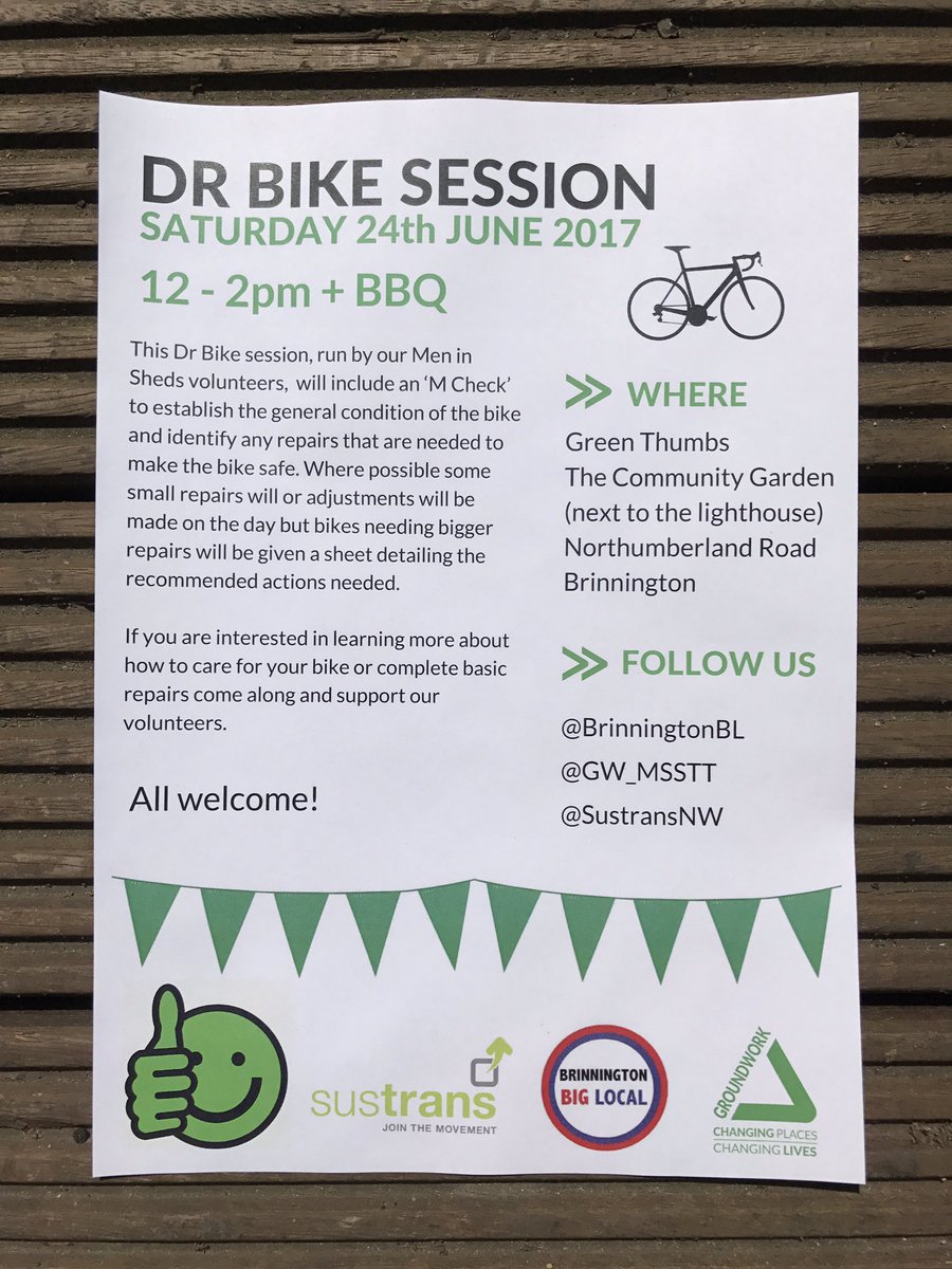 BrinningtonBL's tweet photo. Join us this Saturday for the last Dr Bike session at Green Thumbs community garden! There's a BBQ and free bike related giveaways! 🍔🍔🍔 https://t.co/Sm74yCKfZG