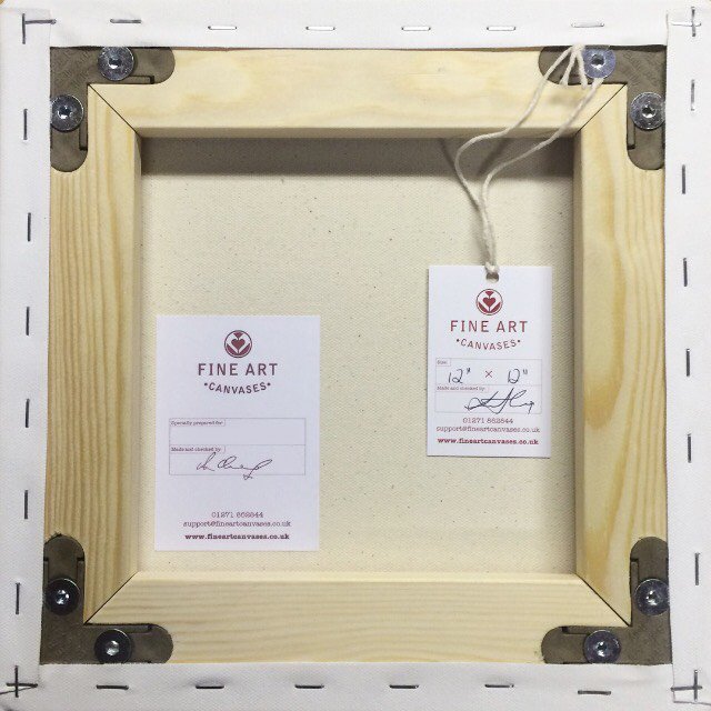 Making 12"x12" canvases in the workshop! Each equipped with swing tag and 'Specially prepared for' label. #bespokecanvas #artcanvas #ukart