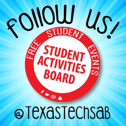 TexasTechSAB's tweet photo. Notice anything different? We updated our handles to reflect our new name! Follow us on FB, SnapChat, &amp; Instagram for #FreeStudentEvents https://t.co/DLn3KAJk7K