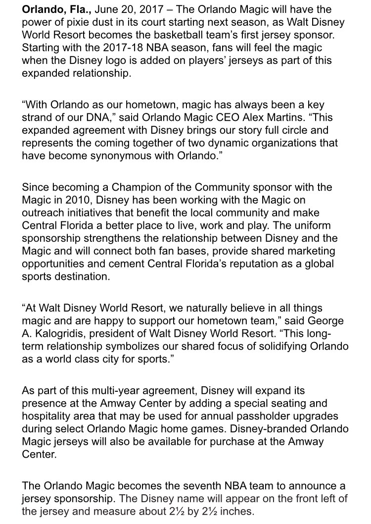 Magic_PR's tweet photo. RELEASE: DISNEY BELIEVES IN MAGIC

Walt Disney Resort, Orlando Magic extend community sponsorship agreement https://t.co/jakE9kUzCe