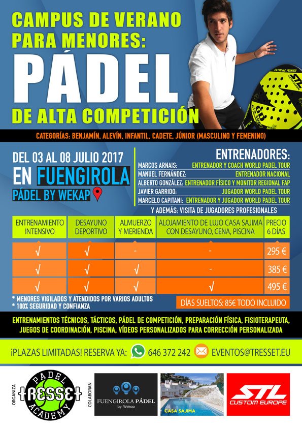 SteelCustom's tweet photo. Campus de #padel para menores de alta competición, patrocinado por #SteelCustom. Del 3 al 8 de julio en @padelfuengirola. ¡Últimas plazas! https://t.co/5407bWnNoY
