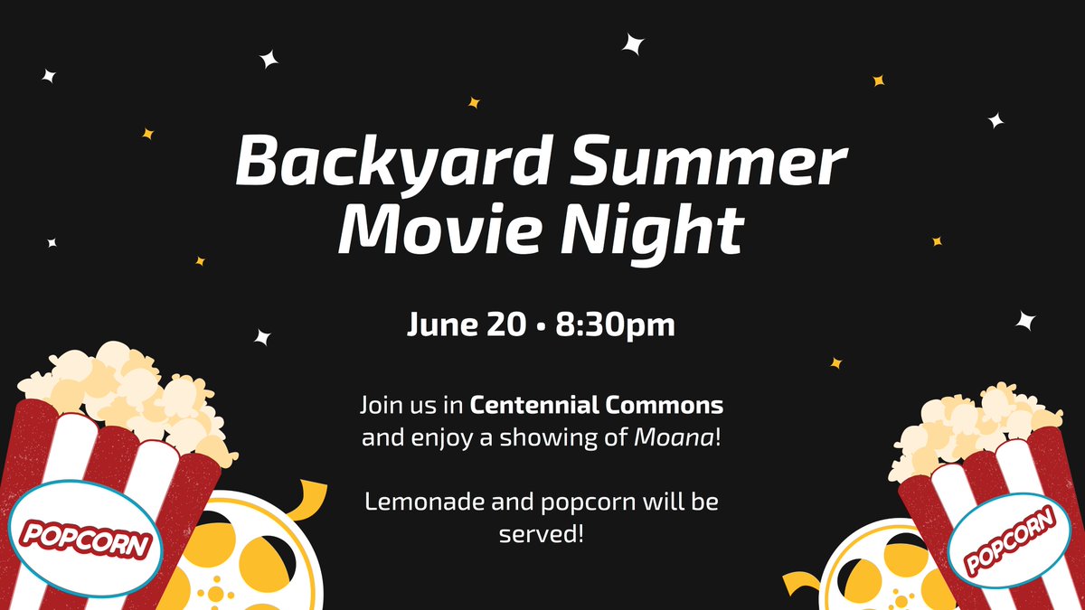 Don't forget that we're hosting a movie night in Centennial tonight! The movie we're showing is Moana and it starts at 8:30! Free popcorn!