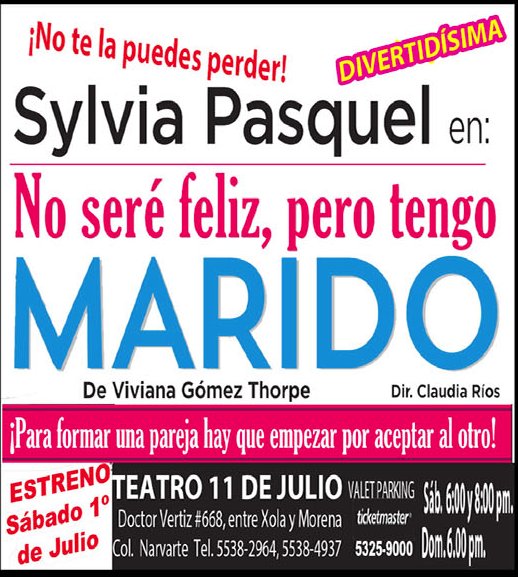 ESTRENO 
<a href="/Teatro11deJul/">Teatro 11 de Julio</a> 
Sab 6 y 8. Dom 6.  ¡Lleva a tu Jorgito!
<a href="/SylviaPasquel/">Sylvia Pasquel</a>