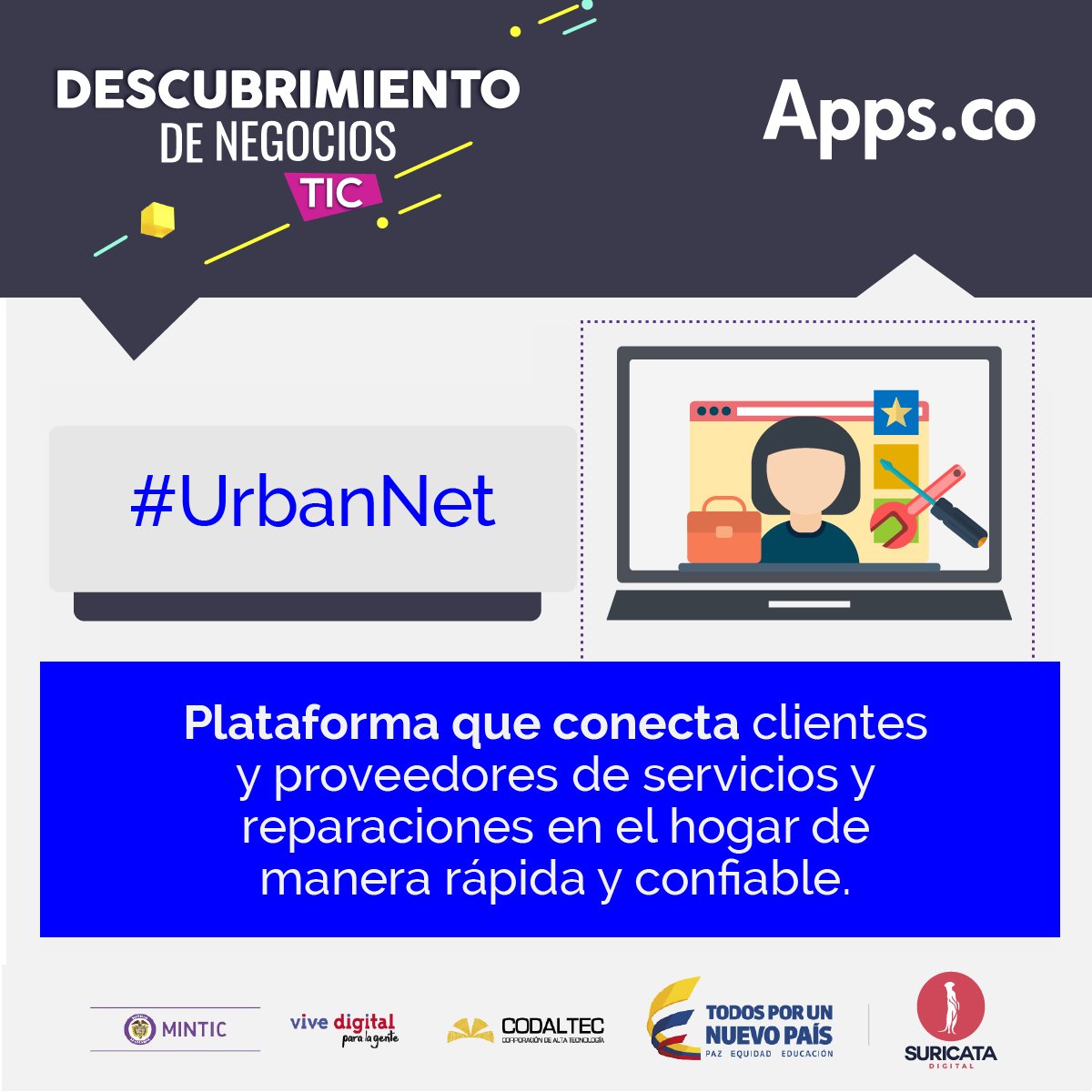 SuricataLab's tweet image. #UrbanNet hace parte de la X Iteración de Descubrimiento de Negocios de #AppsCo Ideal si necesitas reparaciones en tu hogar