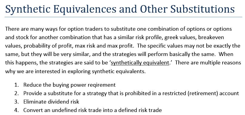 russrich's tweet image. #tastytrade Can't place the trade you want in a restricted account?  Substitute a "synthetic equivalent" trade.  tinyurl.com/mvjmhkc