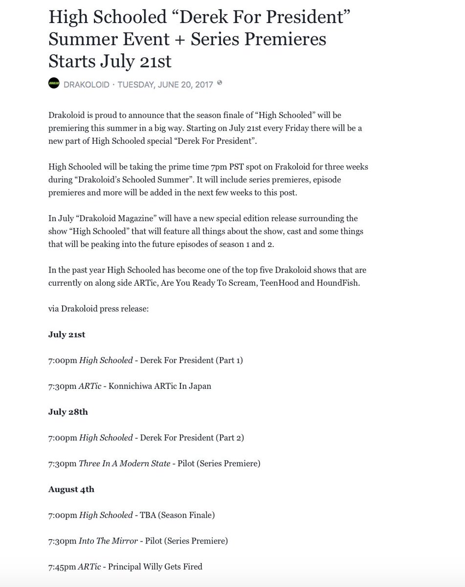Drakoloid's tweet image. "High Schooled “Derek For President” Summer Event + Series Premieres Starts July 21st"