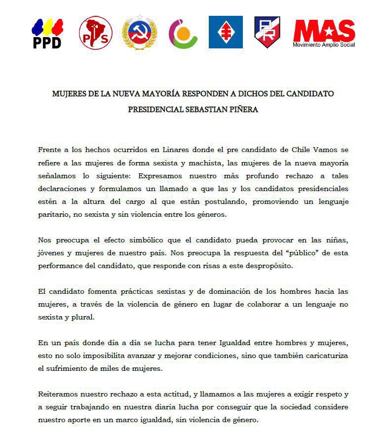 OposicionAntofa's tweet photo. Mujeres Nueva Mayoría responden a los dichos del candidato Presidencial Sebastian Piñera!! https://t.co/OD2hnmeg8k