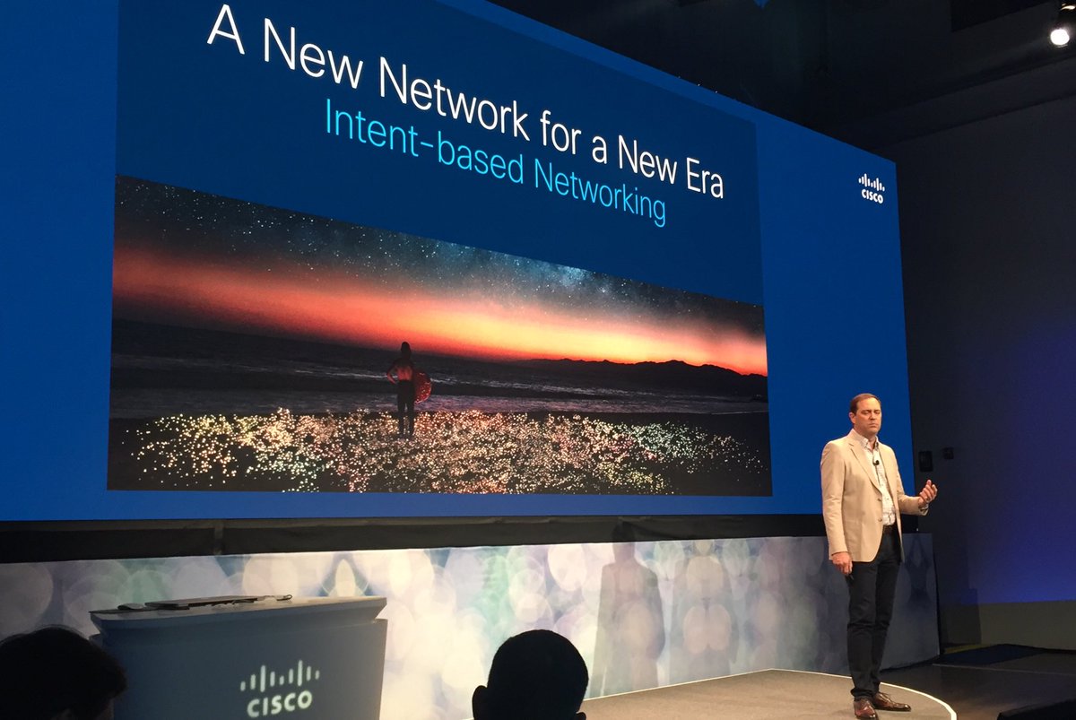 Chuck Robbins introducing <a href="/Cisco/">Cisco</a>'s Intent-based networking - think traffic analytics + #AI + security