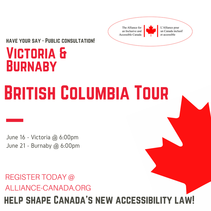 ccdonline's tweet photo. Join the @THEALLIANCECA when we arrive in #BC and help
shape Canada’s new accessibility legislation! #TransformAccessibilityTour https://t.co/z3dMgtlyxR