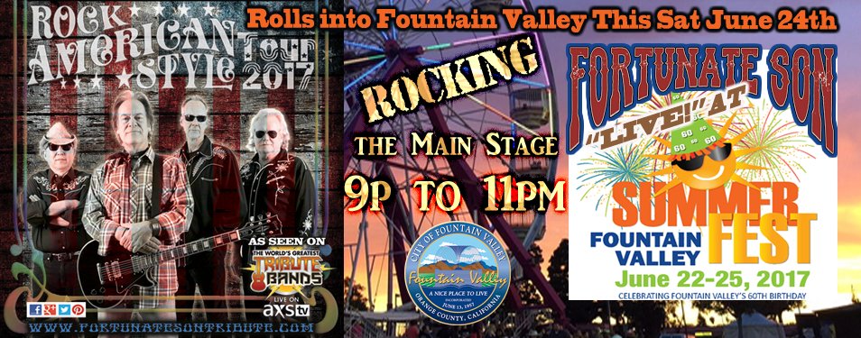 FortunateSonCCR's tweet photo. this sat. June 24th. Fortunate Son live at Summerfest 2017 in Fountain Valley. 9:00 show
#fvsummerfest #rockamericanstyle #fortunateson https://t.co/Wjrh8Udtou