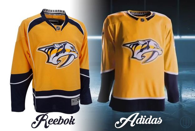 BackhandedDevil's tweet photo. Side-by-side of the Preds old &amp; new. The lack of piping is an improvement but the reduced use of blue gives the jersey a flat feeling. https://t.co/65TvjjU7x7