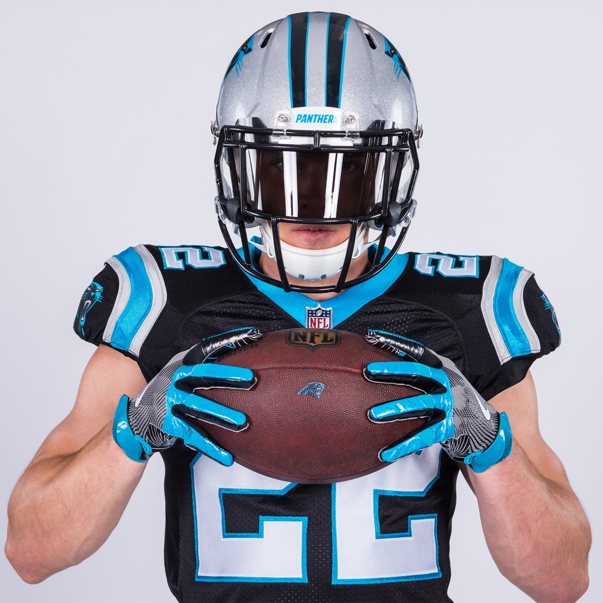 Panthers's tweet photo. First look at @CMcCaffrey5 in black &amp; blue https://t.co/cOCc3uJ4Jq