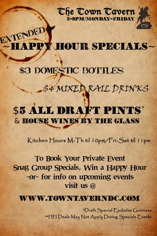 TownTavernDC's tweet photo. Come get your Happy Hour ON!!
Specials til 9pm...
#Beer #Wine #Burgers #Wings #BarBite
#HH #Fun #Party #DC #GetTowned https://t.co/bMpEWKiP5U