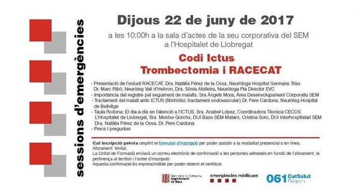 El proper dijous 22 de juny, nova sessió d'emergències al #SEM sobre Codi Ictus, Trombectomia i Estudi RACECAT @semgencat @EscalaRACE