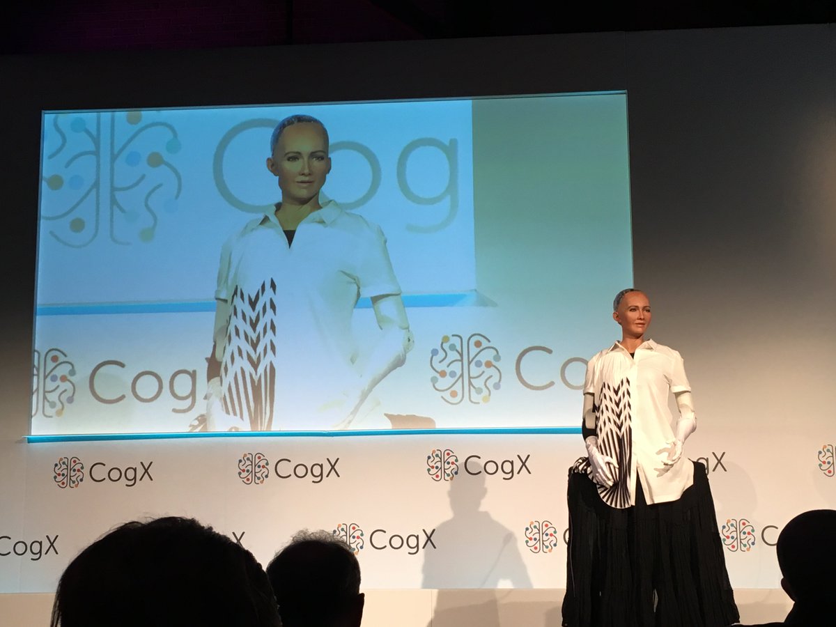 njschweitz's tweet photo. You know you're at an AI conference when one of the guest speakers is a robot! #CogX17 #Westworld https://t.co/T9Ga3ucK1Y