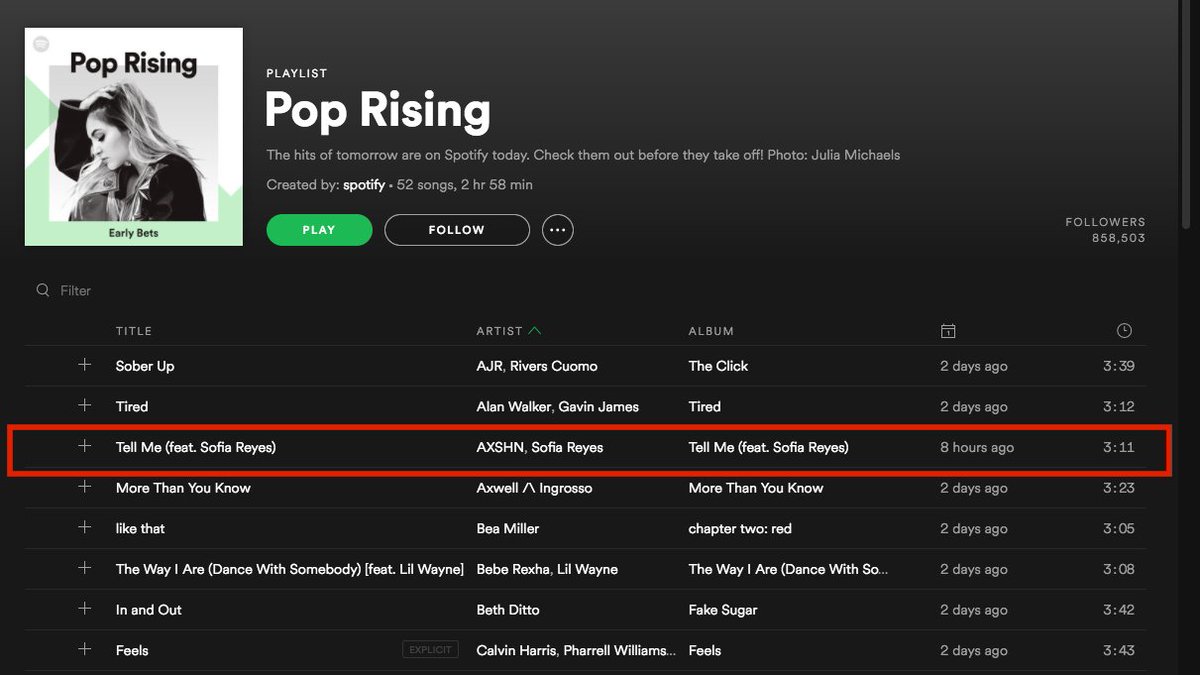 Stream our new song "Tell Me" feat @Sosofiareyes now on Spotify's Pop Rising playlist.
play.spotify.com/user/spotify/p…