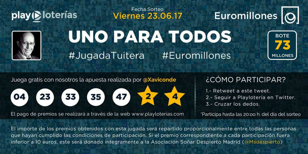 PlayLoteria's tweet photo. 🌟 ¡El bote #Euromillones sigue subiendo! #JugadaTuitera de @xaviconde para repartirnos los 73 millones entre los que hagan RT y nos sigan. 🌟 https://t.co/syMuRpzY4J