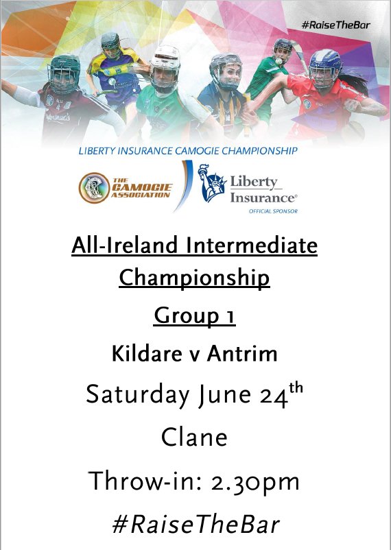 KildareCamogie's tweet photo. Support @kildarecamogie next Saturday in Clane as we take on Antrim in the Liberty Insurance Intermediate Champ. Throw in 2:30 #RaiseTheBar https://t.co/Sfd9pBqZKr